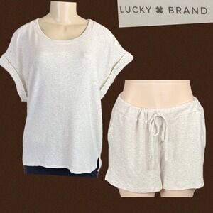 Lucky Brand Womens XL Lounge Set Ribbed Knit Top and Shorts Heather Cream Gray